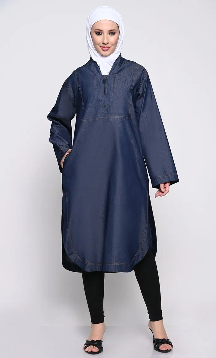 Contemporary Denim Tunic with full sleeves and Curved Hem
