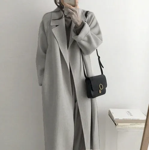 Joskaa 2000s fashion Women's Woolen Overcoat Korean Style Fried Street Suit Collar Loose Lace-up Autumn and Winter Extended Double-Sided Woolen Overcoat