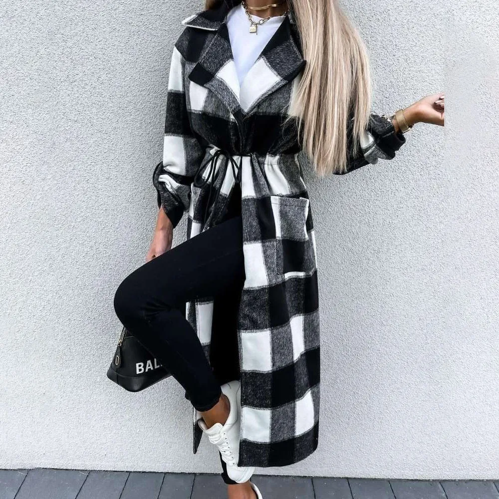 Joskaa Autumn Winter Warm Woolen Long Coat Woman 2024 Casual Plaid Drawstring Wool Coat Blends Jackets For Women Overcoat Veste Femme