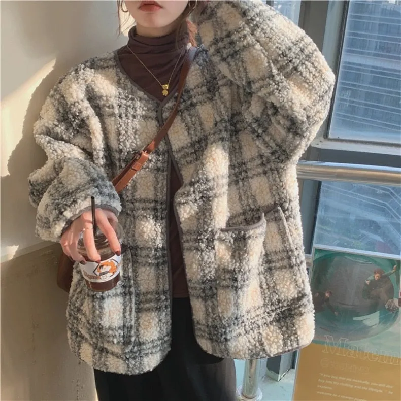 Joskaa Black Friday Sales Vintage Lamb Wool Plaid Jacket Women Thicken Warm Fluffy Cozy Faux Fur Overcoat Casual Oversized Female Winter Loose Outerwear