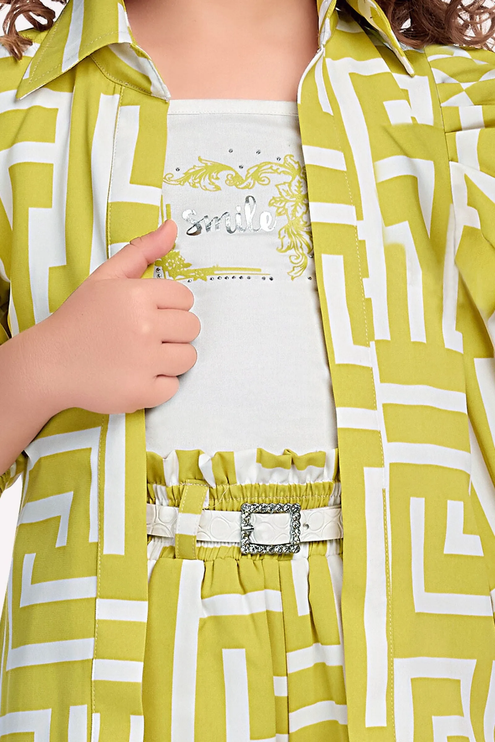 Parrot Green with White Print Overcoat Styled Palazzo Set for Girls