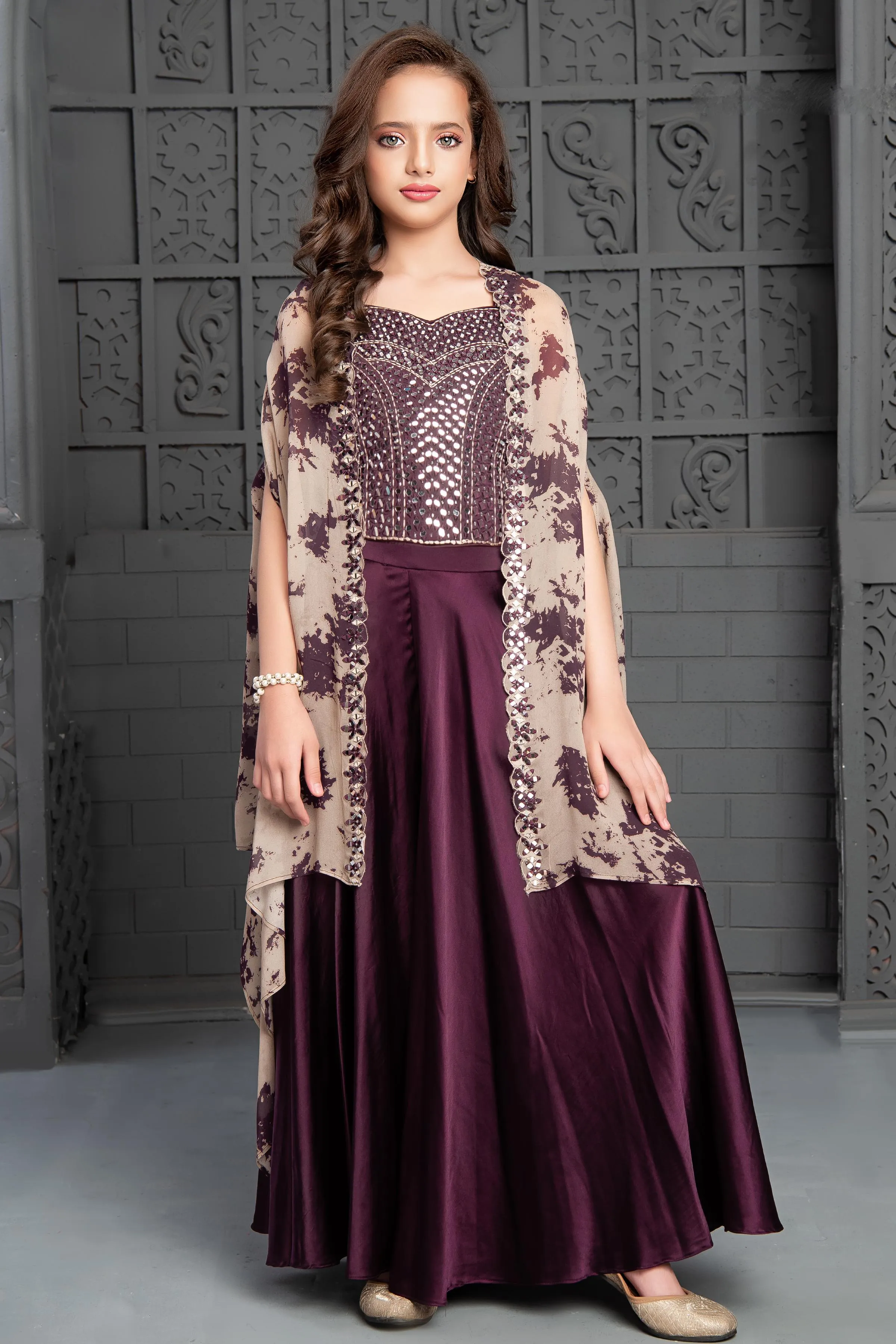Wine Mirror and Stone work with Tie and Dye Print Overcoat Styled Palazzo Set For Girls